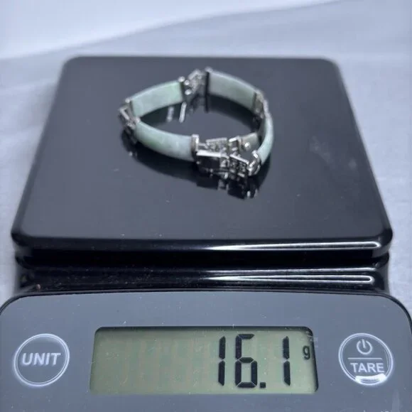 Jade Of Yesteryear Station Bracelet Green Jade Panels Sterling Silver 7.25" Cast - Picture 13 of 14